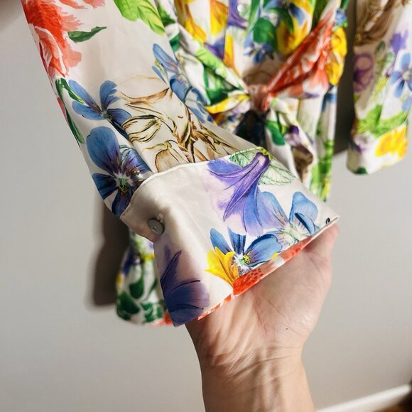 Zara Size Large Satin Floral Ruffle Balloon Sleeve Mini Shirt Dress - Picture 3 of 8